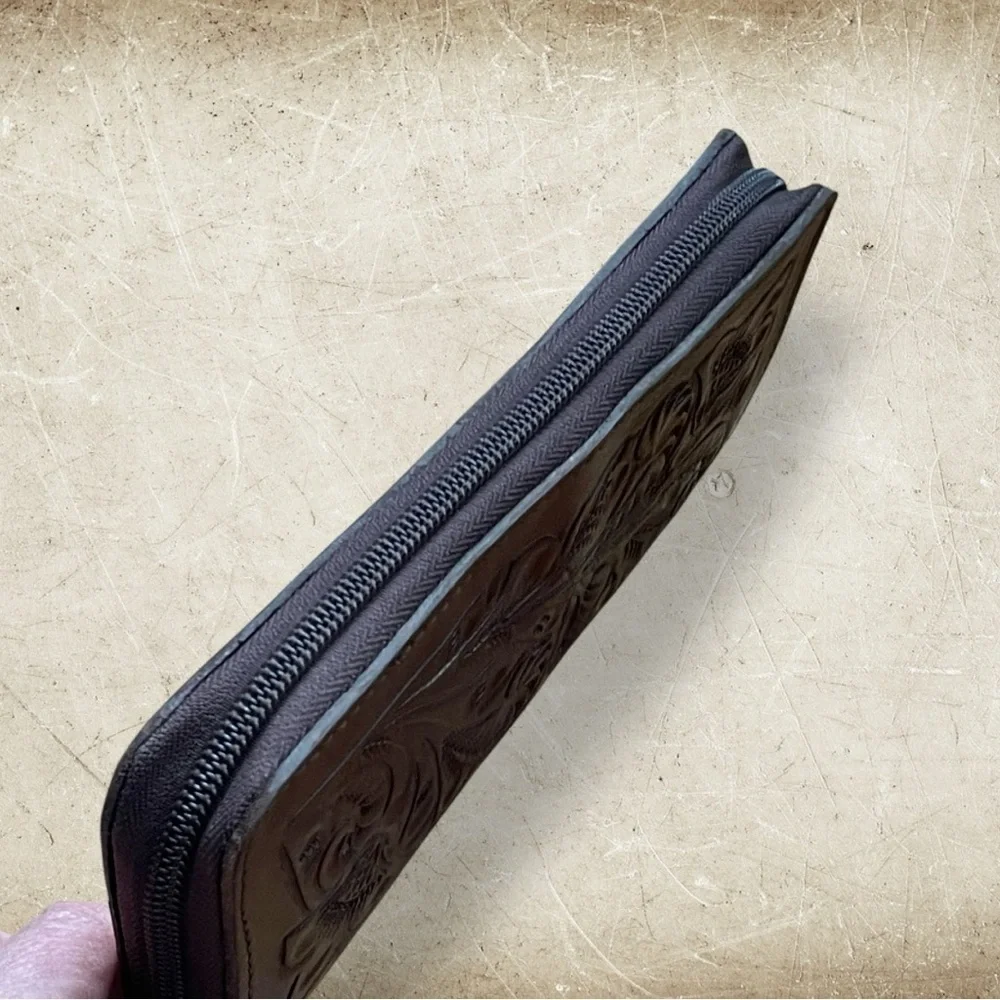 ADAMAlexis NWT Hand Tooled Brown Leather Zip Around Wallet